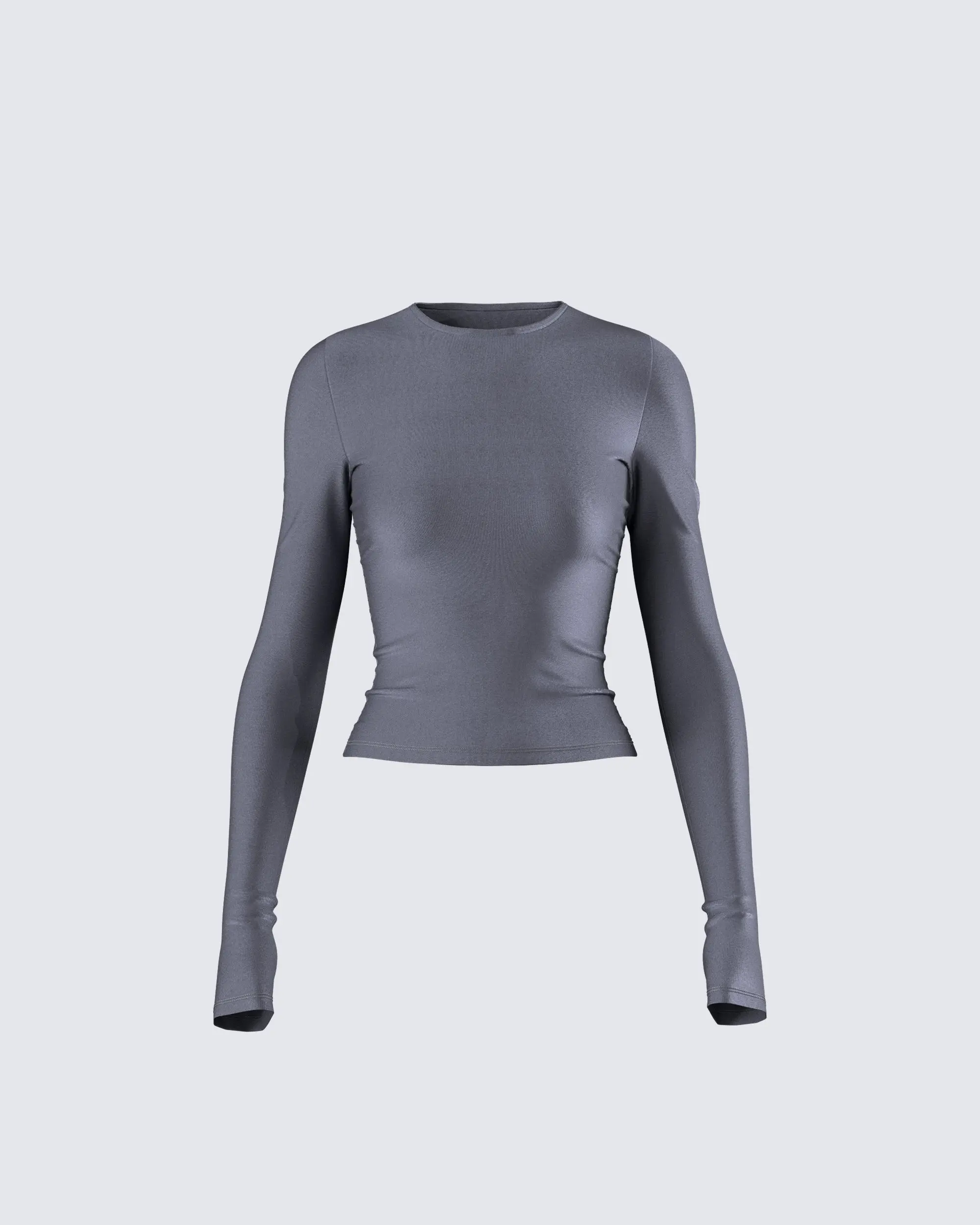 Women's Grey Spandex Ribbed Jersey Fitted Cropped Crewneck Longsleeve Top - Basic Layering Shirt, Longsleeves