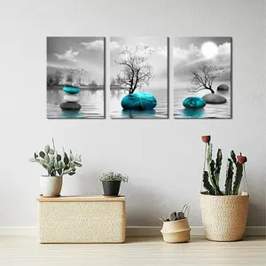 Canvas Wall Art for Living Room Bathroom Bedroom Wall Decor Black and White Wall Paintings Modern 3 Piece Wall Art Trees and Stones Framed Canvas Art Prints Abstract Teal Blue Pictures Home Decor
