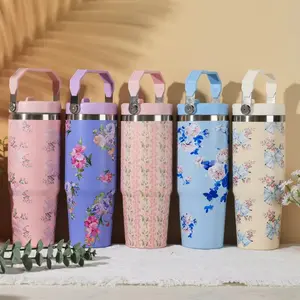 Juliu Fashionable Floral Print 30oz Stainless Steel Thermos with Handle Insulated Tumbler Detachable Lid Portable Drinkware Beverage Aesthetic Flask Stylish Handy