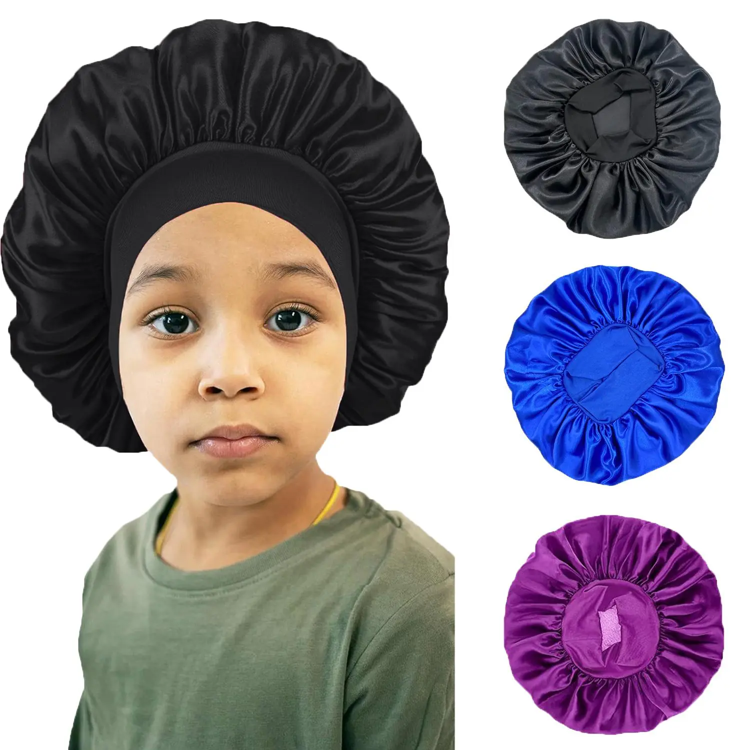 TwiceBeauty 3Pcs Silk Satin Hair Bonnet & Reusable Shower Cap Set, Adjustable Elastic Wide Band, Haircare Accessory for Curly Hair to Prevent Tangles While Sleeping (Black-Purple-Blue), Reusable Shower Caps