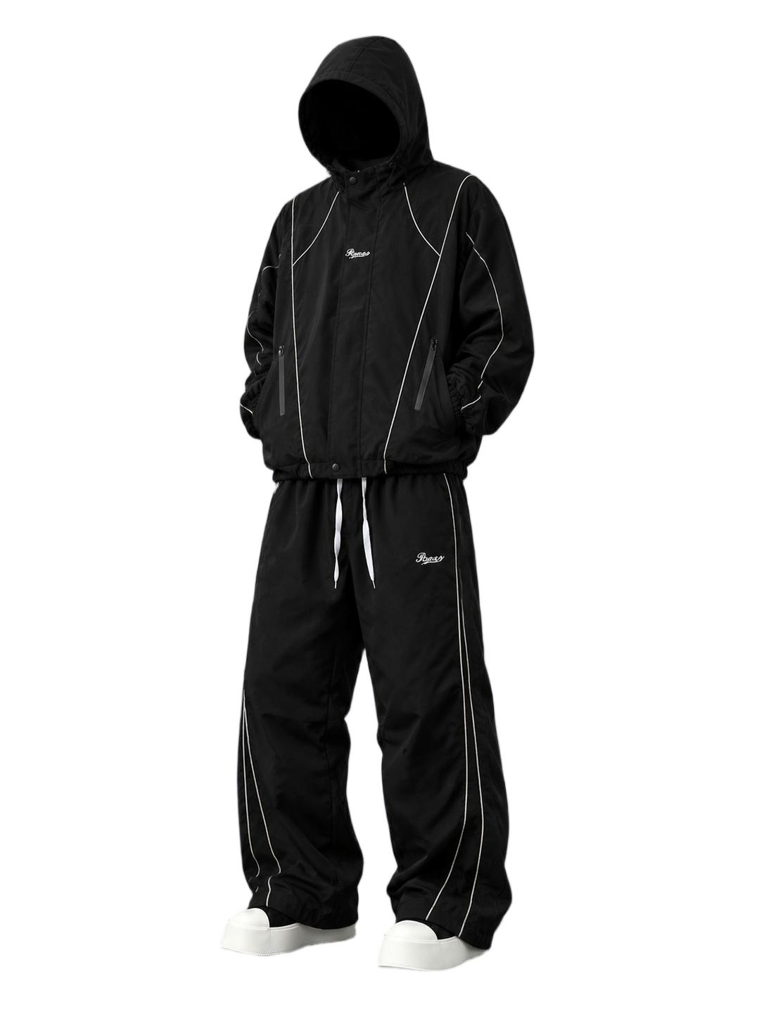 Men's American-Style 2-Piece Polyester Outdoor Wear Set, Hooded Reflective Tape Windproof Jacket with Letter Print & Straight Wide-Leg Athletic Pants