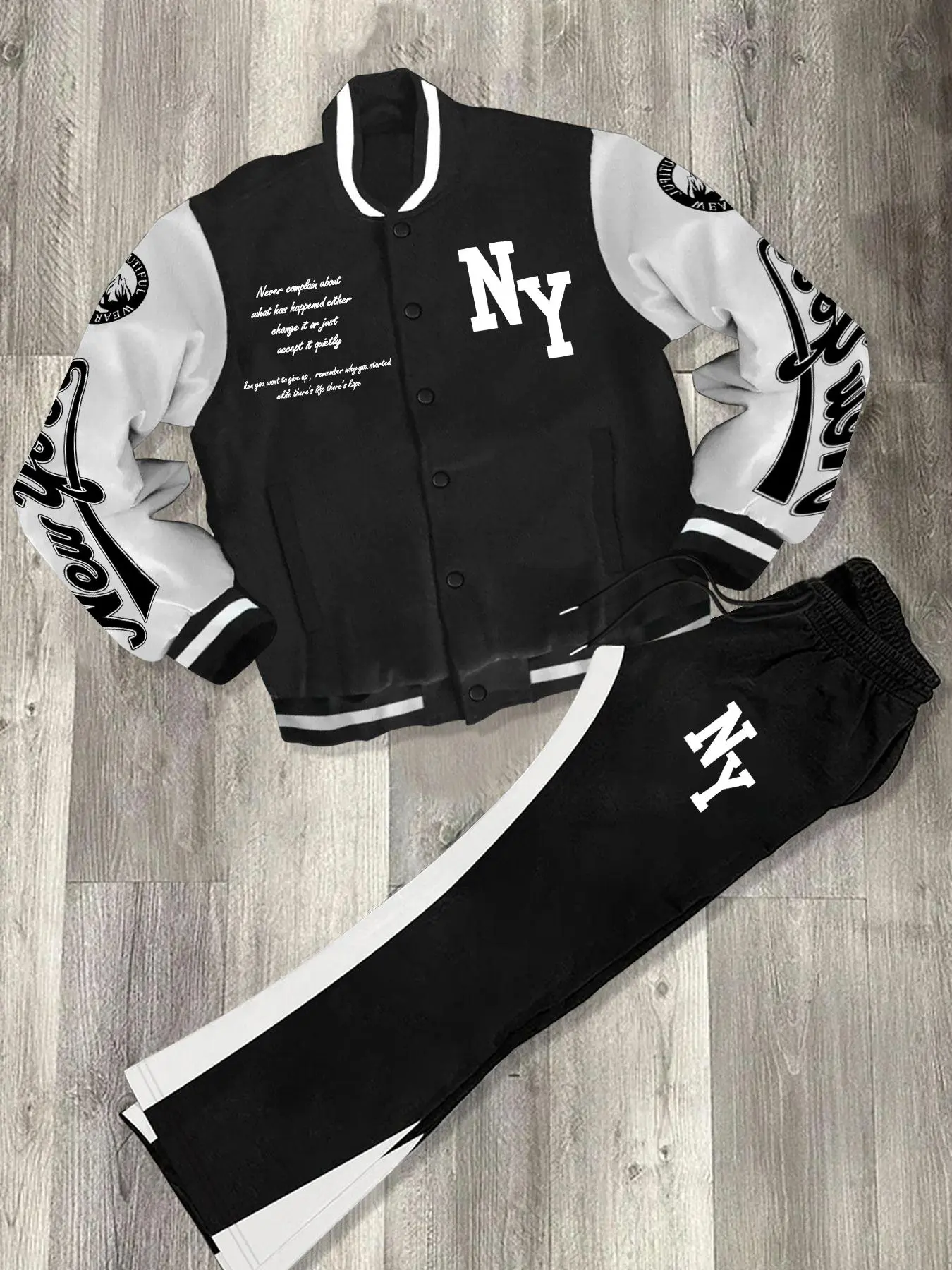 Men's Letter Print Colorblock Baseball Jacket & Pants Two-Piece Set, Loose Casual Street Style Two-piece Outfits for Fall & Winter, Men's Clothes for Daily Wear