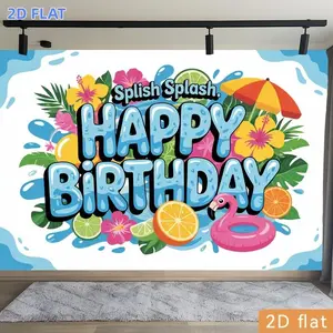2D Flat Banner 1pc, s Tropical Flamingo Pool Party Banner with Splish Splash Fruit & Flamingo - Multicolor Suitable for Birthdays, Weddings, Showers, Graduation Backdrop - Polyester Decoration for Pool Theme, Ea