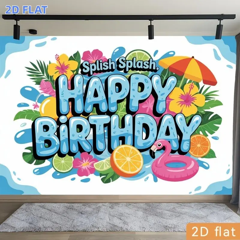2D Flat Banner 1pc, s Tropical Flamingo Pool Party Banner with Splish Splash Fruit & Flamingo - Multicolor Suitable for Birthdays, Weddings, Showers, Graduation Backdrop - Polyester Decoration for Pool Theme, Ea