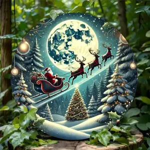 Flat 2D Round Aluminum Christmas Panel with Santa Claus Sleigh Pattern Perfect for Front Door Wall Holiday Home Decor Vintage Ornament