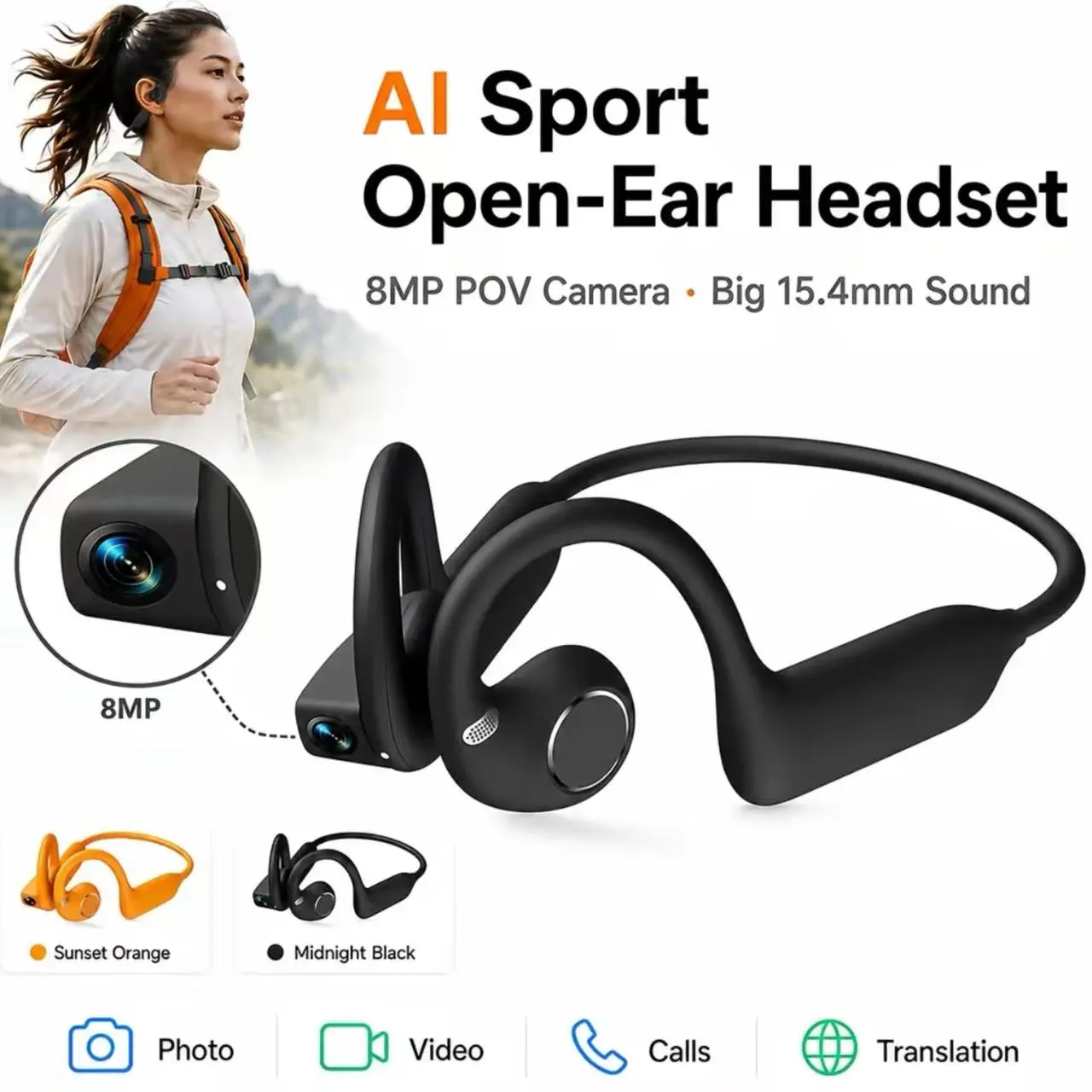 AI Camera Earphones - Open Ear Headphones with Air Conduction Audio, Hands-Free Photo Video Recording & Call, 160+ Language Translator, Bluetooth Connection, Compatible with iOS & Android