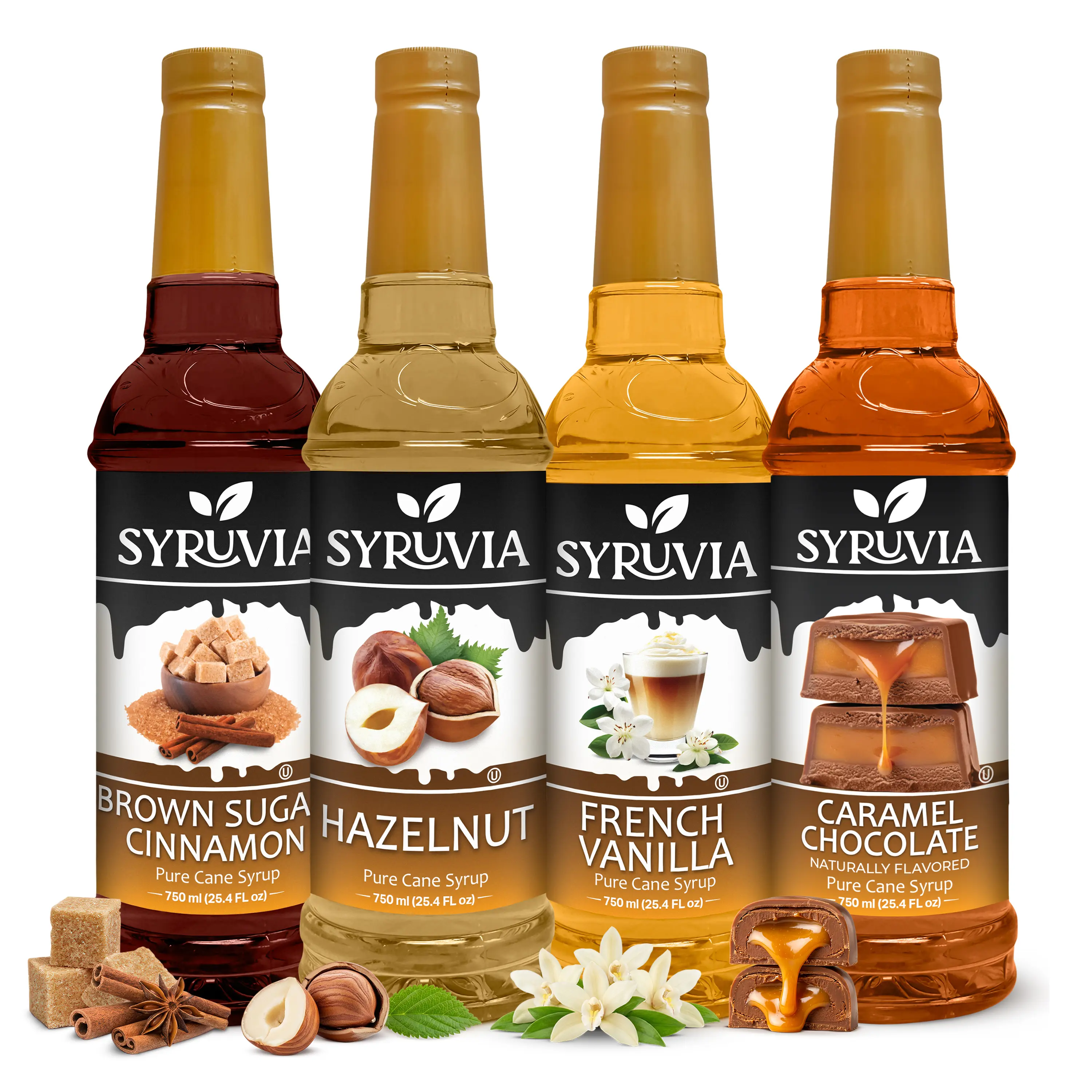 Syruvia Barista Choice Variety Pack – Brown Sugar Cinnamon, Hazelnut, French Vanilla & Caramel Chocolate Flavored Syrup – Great for Desserts, Coffee & More – 25.4 Fl oz Bottles (4 Pack)