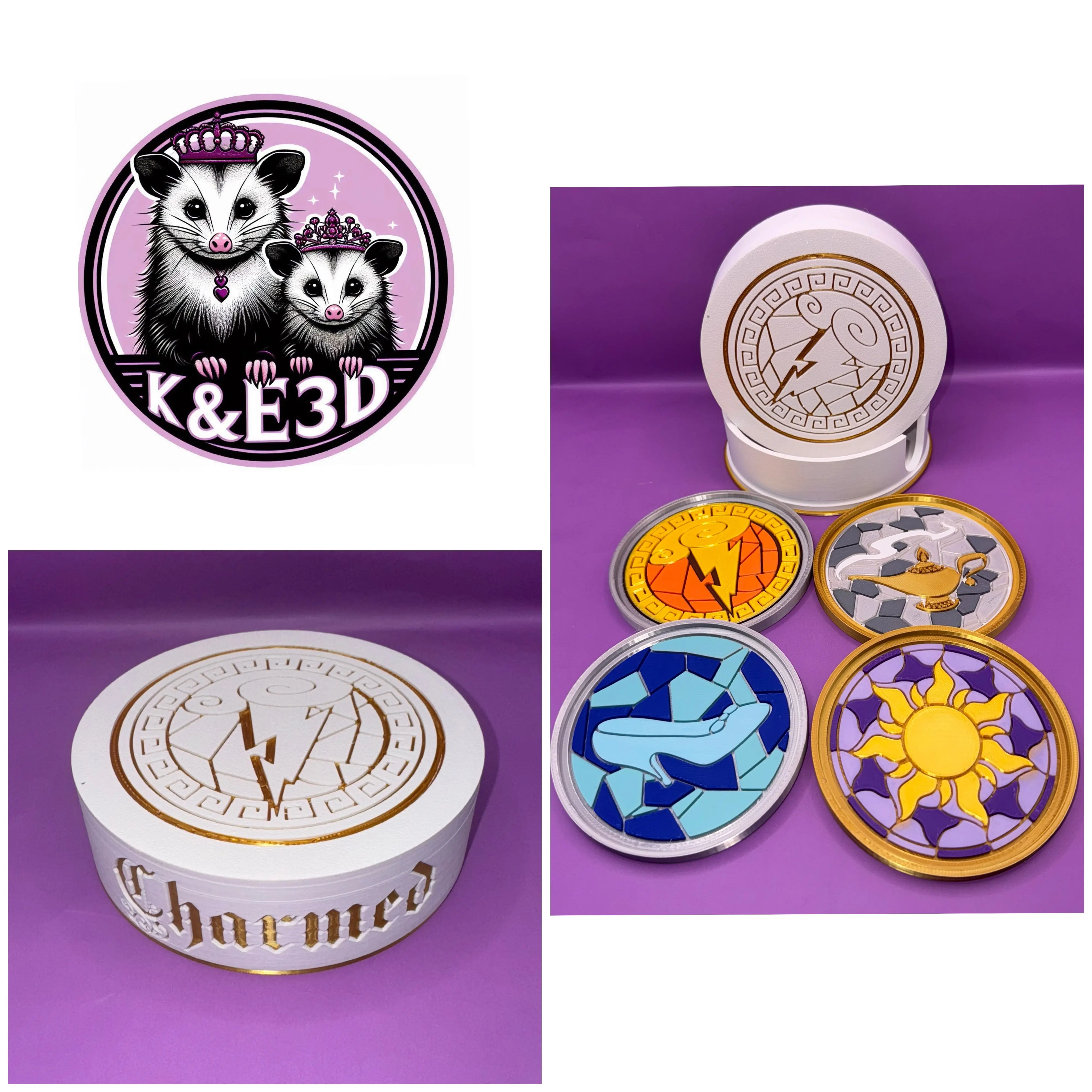 3D Printed Charmed Princess Coaster Set Rapunzel Aladdin Hercules Cinderella