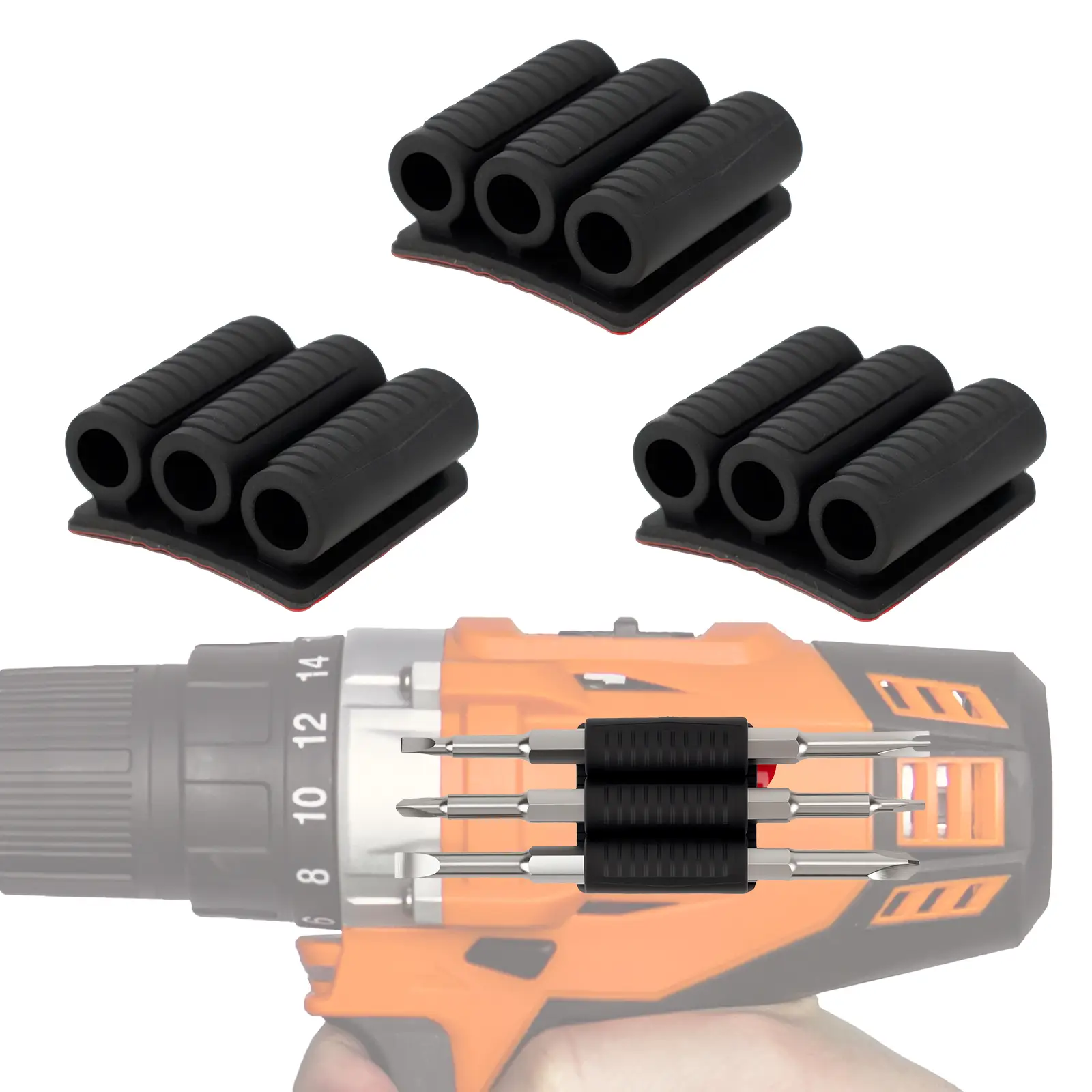 Universal Self-Adhesive Drill Bit Gripper,3pcs Universal Fit Drill Bit Holders for Impact Drivers and Drills,Drill Bit Sleeve Organizer Strong Adhesiv