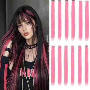 12 count Pink hair extensions 22 Inch Straight colored hair colorful clip in extensions Highlight Party for Kids Girls and Women Gift(Pink,26)
