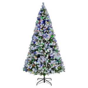 VEVOR Christmas Tree, 7.2ft Prelit Flocked Artificial Tree, Full Holiday Xmas Deco Trees with 470 Colorful LED Lights, 11 Lighting Modes 1346 Branch Tips for Home Party Office Decoration