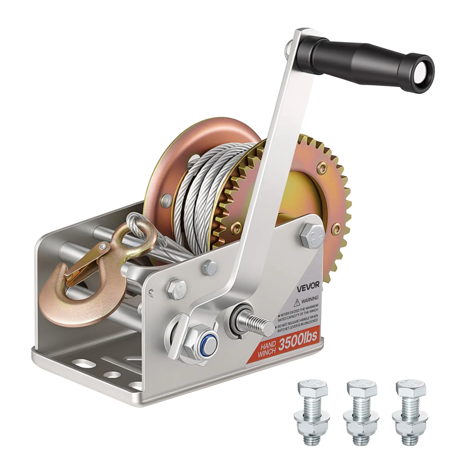 VEVOR Boat Winch, 3500 lbs Hand Winch, Heavy Duty Manual Rope Crank with 32.8ft Steel Wire, Portable Two-Way Ratchet, 2 Speed Switchable, Anti-Slip Handle Gear for Boat Trailer ATV Towing