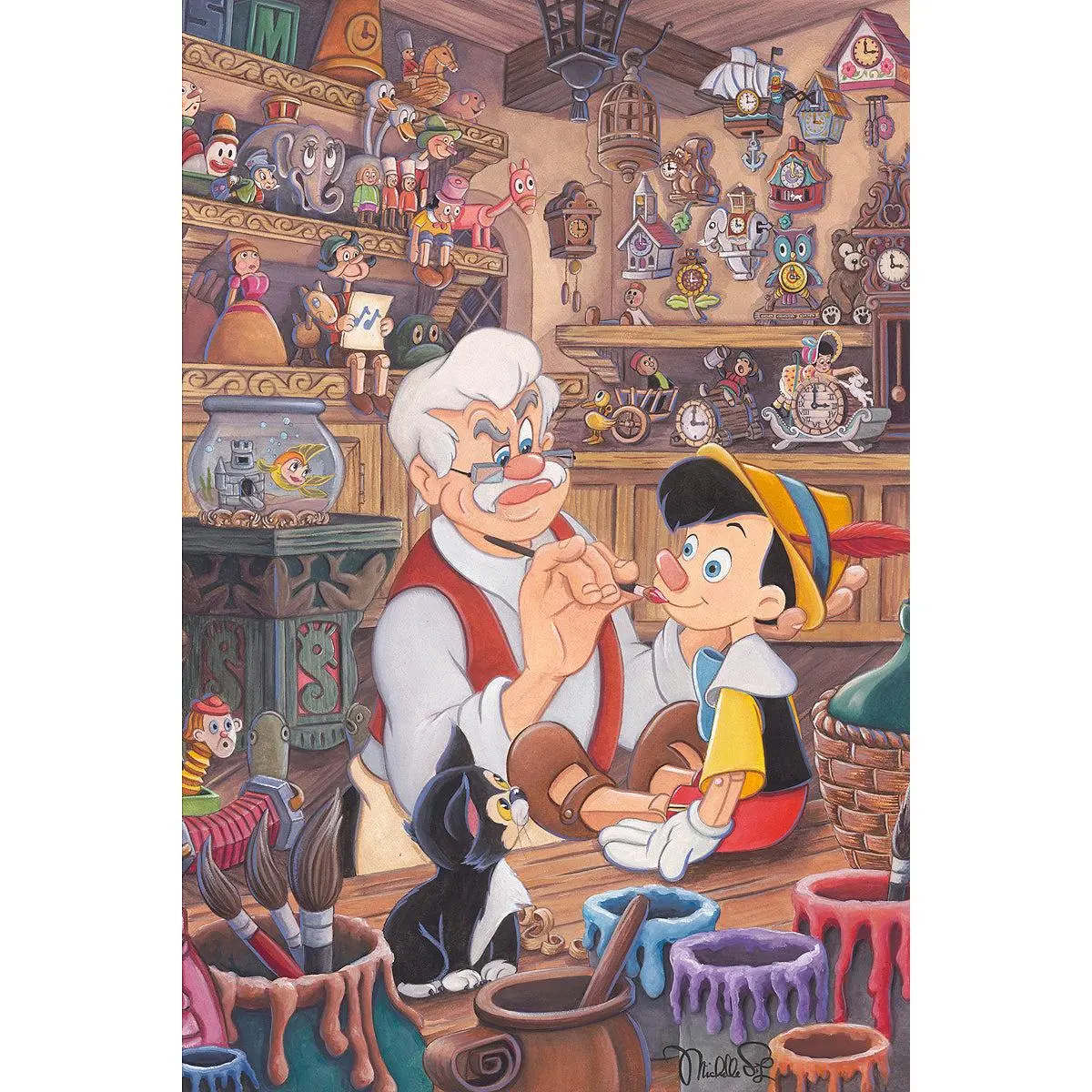 Pinocchio Walt Disney Fine Art Michelle St. Laurent Signed Limited Edition of 195 Print on Canvas - Geppetto's Workshop