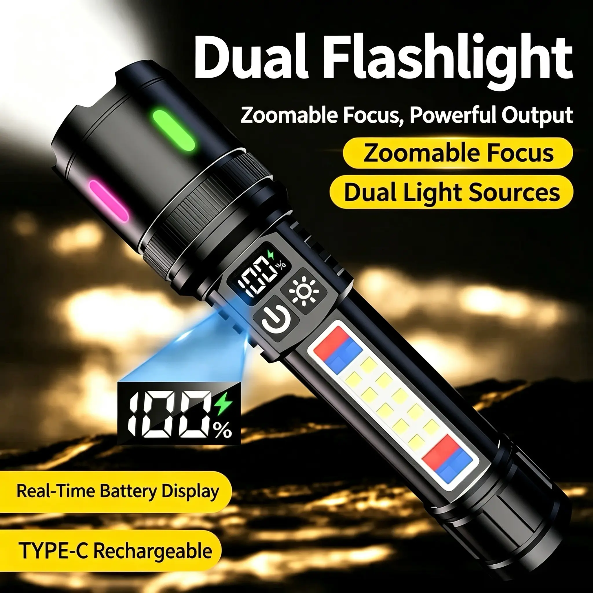 Dual Light Source、Zoomable Focus、Digital Power Display、Type-C Rechargeable、Handheld Flashlight、Camping、Emergency、Night Fishing、Hiking