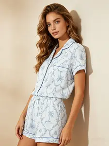 Women's Button Down Short Sleeve Top and Shorts Pajama Set, Spring & Summer Wearable, Light Blue Tropical Palm Tree Sailboat Starfish Shell Print, Island Vacation Style, Loose Fit, For Home, Vacation & Pool Wear