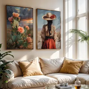 Mexican Folk Art Set Of 2, Rustic Mexico Art Print, Traditional Mexican Woman Art, Mexican Cactus Artwork Printable, Hispanic Wall Art Decor M