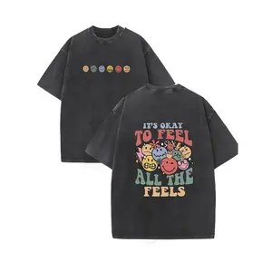 Men'S & Women'S Emotional Feelings Graphic T-Shirt - Soft Washed Black Tee with "It'S Okay to Feel All the Feels" - Loose Fit Casual Everyday Shirt - Mental Health Awareness Apparel - Machine Washable Everyday Top