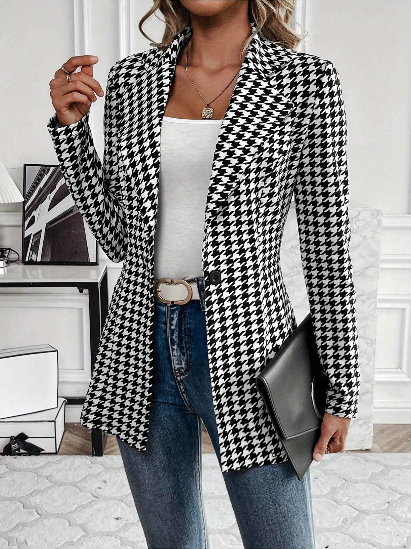 Women's Houndstooth Print Open Front Knit Blazer Fit, Casual Long Sleeve Outerwear for Work Office Business, Ladies Clothes for All Seasons, Womenswear