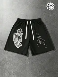Unisex 100% Cotton Black Drawstring Sweat Shorts | Vintage Stamp Cherub Print & Cursive Slogan American Retro Streetwear Casual Pants
