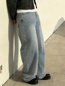 Men's retro washed loose straight jeans, casual four-season street style, zipper placket, solid color pattern, daily wear denim trousers