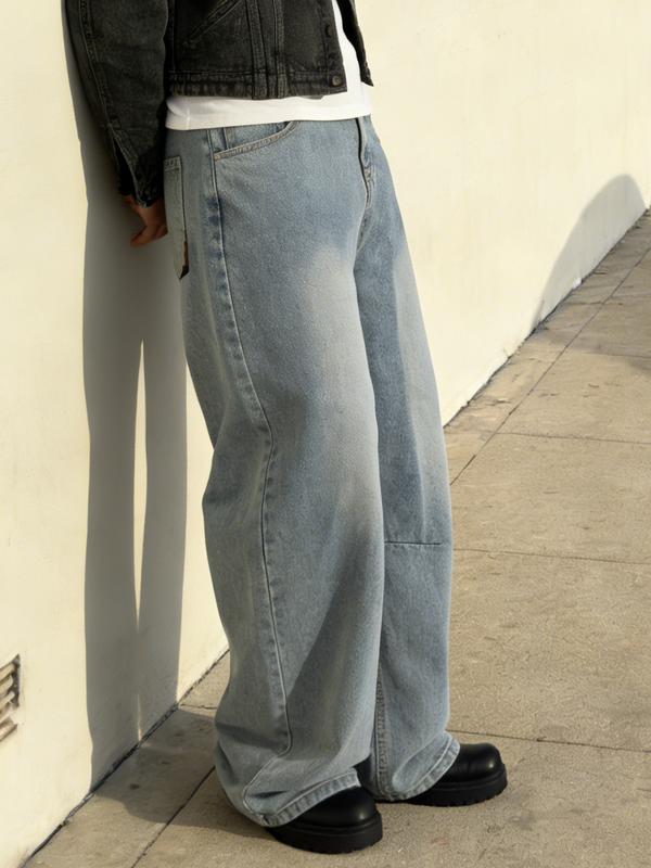 Men's retro washed loose straight jeans, casual four-season street style, zipper placket, solid color pattern, daily wear denim trousers