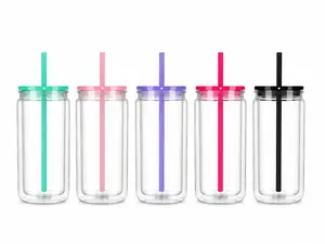 Vasos Acrílicos Snowglobe 16oz con Tapa y Popote | 12 Piezas | Colores Surtidos