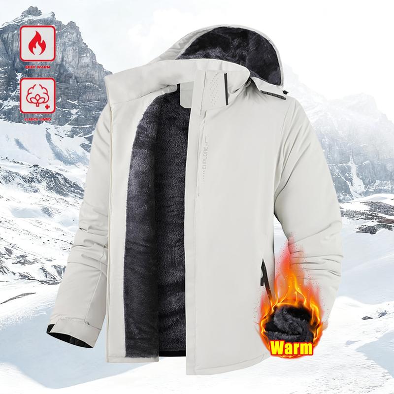 Men's Winter Outdoor Waterproof Windproof Fleece Lined Hooded Jacket - Thick Warm Coat; Features an Adjustable Drawstring Hood & Full Zip Front Closure; Perfect for Various Activities Such as Hiking, Jogging, Fishing, or Just Casual Wear; A Must-Have Vers