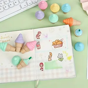 6Pcs Six-color Creative Cartoon Ice Cream Cone Highlighters, Cute, Fun, High Value, Portable Mini Ice Cream Journal Pens, Student Pens