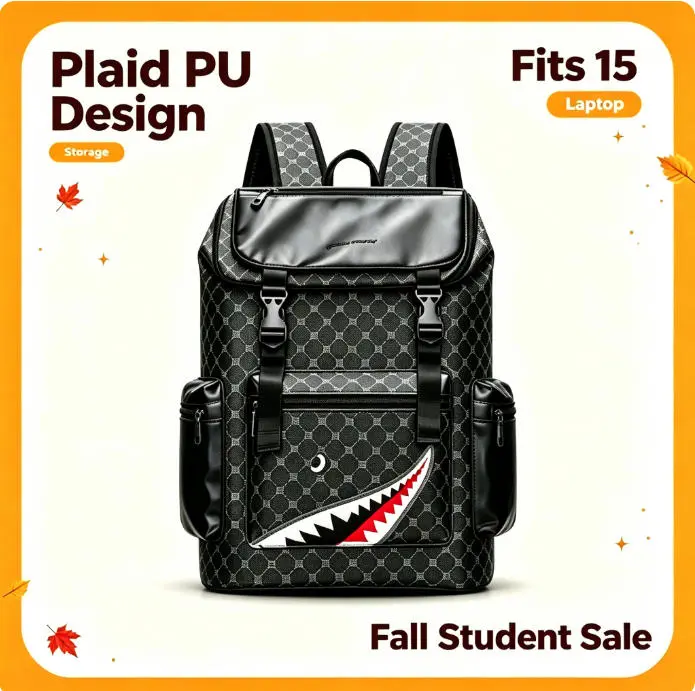 Plaid PU Laptop Backpack, Fits 15 Inch Laptop, 20-35L Large Capacity Lightweight Daypack with Curved Padded Shoulder Straps, Multi Pockets for School Commute Weekend Trave
