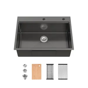 Stainless Steel Kitchen Sink, 30″x22″ Single Bowl, Overmount Handmade Sink in Black, with Cutting Board, Colander