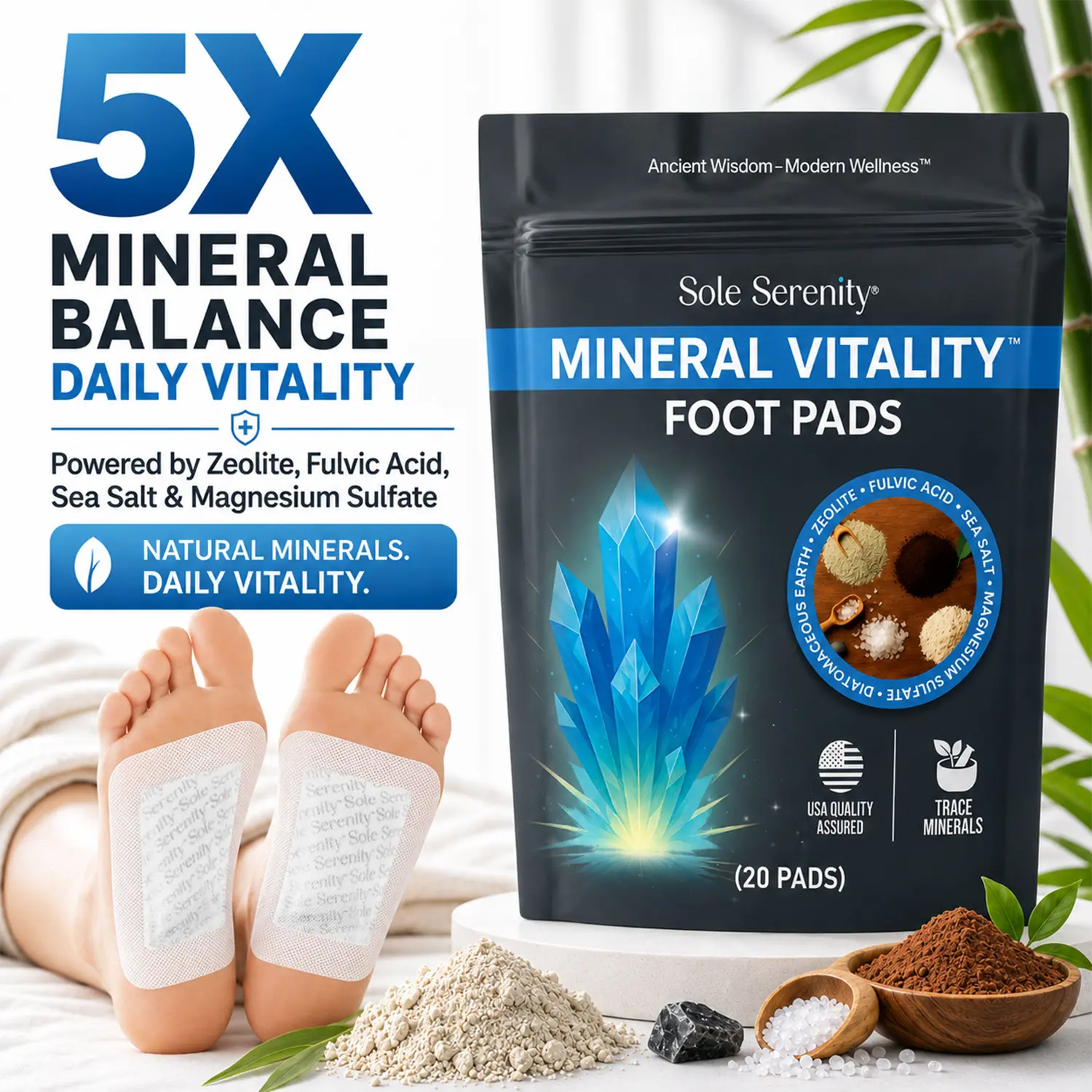 Sole Serenity Mineral Vitality Foot Pads with Trace Minerals, Zeolite, Fulvic Humic Acid, Magnesium, Silica, Diatomaceous Earth, Sea Salt, Zinc – Deep Cleansing Whole Body Mineral Vitality (20 Pads)