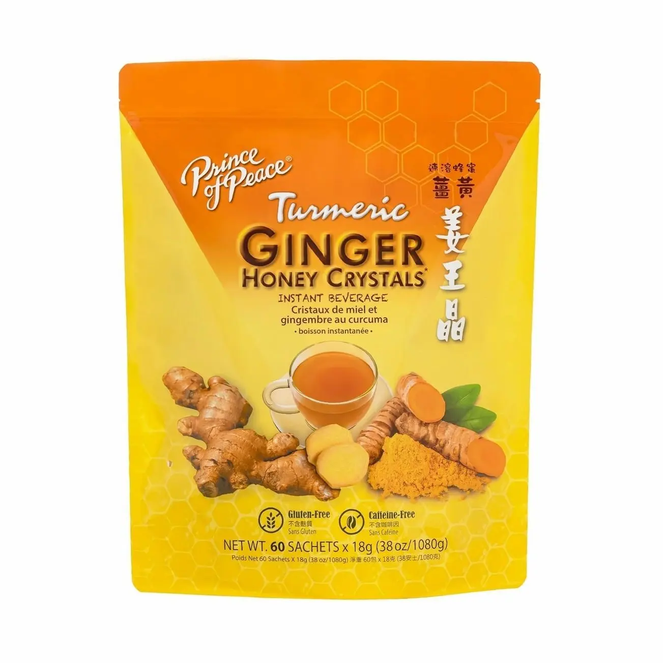 Prince of Peace Instant Ginger Honey Crystals with Turmeric, Value Pack 60 Sachets – Instant Hot or Cold Beverage Easy to Brew – Drink Like a Tea – Caffeine and Gluten Free – Real Ginger 38oz (1080g)undefined