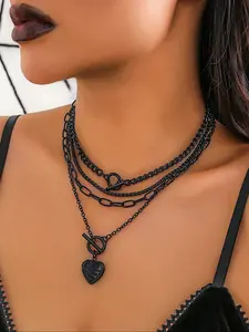 Women's Punk Style Heart Design Pendant Necklace & OT Buckle Chain Necklaces, 4 Counts Fashion Charm & Chain Necklaces, Gothic Mystery Jewelry, Trendy Goth Jewelry for Birthday Gift