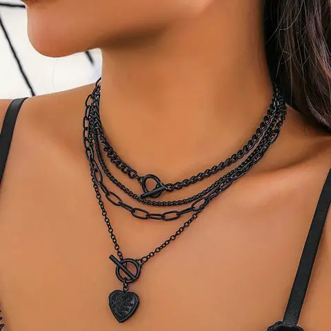 Women's Punk Style Heart Design Pendant Necklace & OT Buckle Chain Necklaces, 4 Counts Fashion Charm & Chain Necklaces, Gothic Mystery Jewelry, Trendy Goth Jewelry, Punk Style Accessories, Alloy Necklace for Birthday Gift