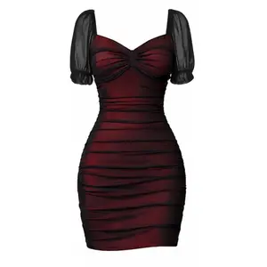 HYZ Women's Sexy Bodycon Mesh Puff Short Sleeve Sweetheart Neck Color Block Mesh Ruched Mini Party Dress