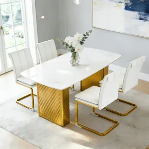 Shipping Included 55.1" Modern White Faux Marble Dining Table for 4-6 Seater , Tempered Glass Top Rectangular Kitchen Table with Gold Perforated Golden Metal Legs, Luxury Minimalist Dinner Table for Dining Room(ONLY TABLE)