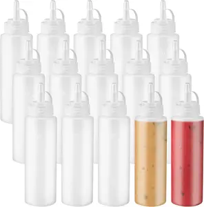 15-Piece 8oz Plastic Condiment Squeeze Bottles with Twist-On Cap Lids, Kitchen Seasoning Dispensers Set with Cover for Sauce Serving