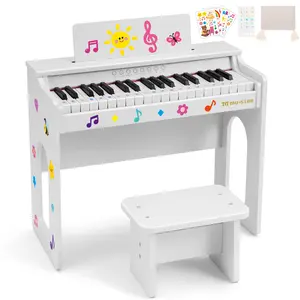 Kids Piano Keyboard 37 Keys Wooden Digital Piano with Bench Song Book DIY Stickers Cover Educational Creative Musical Instrument Toy for Boys Girls Gifts