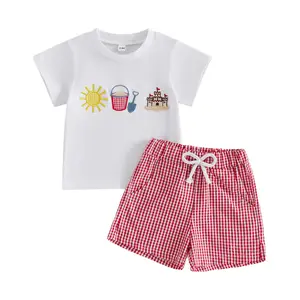 Babamoon Toddler Baby Girl Boy Summer Clothing Set Short Sleeve Beach Castle Embroidery Tops T shirt with Plaid Shorts 2Pcs Outfits Set 6M-4Y