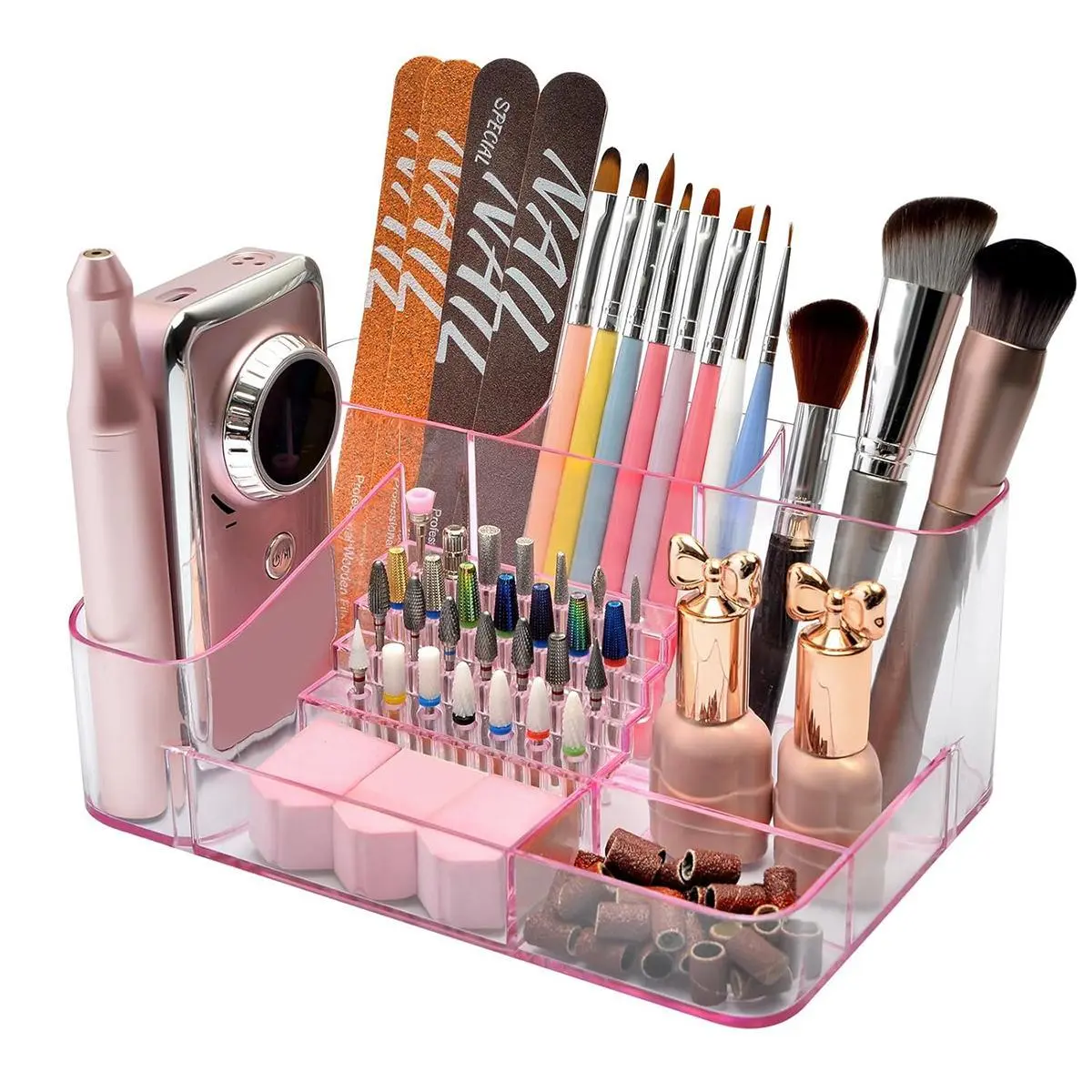 FLYBOK Modern Eco-Friendly ABS Beauty Organizer with Multi-Compartment Design - 28-Hole Transparent Acrylic Nail Drill Bit Holder, Classic Rectangular Vanity Organization & Desk Storage Box for Professional Use (Nail Drill Machine & Bits Not Included)