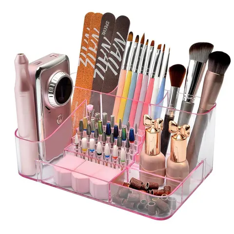 FLYBOK Modern Eco-Friendly Glossy ABS Plastic Beauty Organizer - 28-Hole Transparent Acrylic Nail Drill Bit Holder, Multi Compartment Design, 5-Color Rectangular Desk Storage Unit for Pros (Nail Drill Machine & Bits Not Included), M