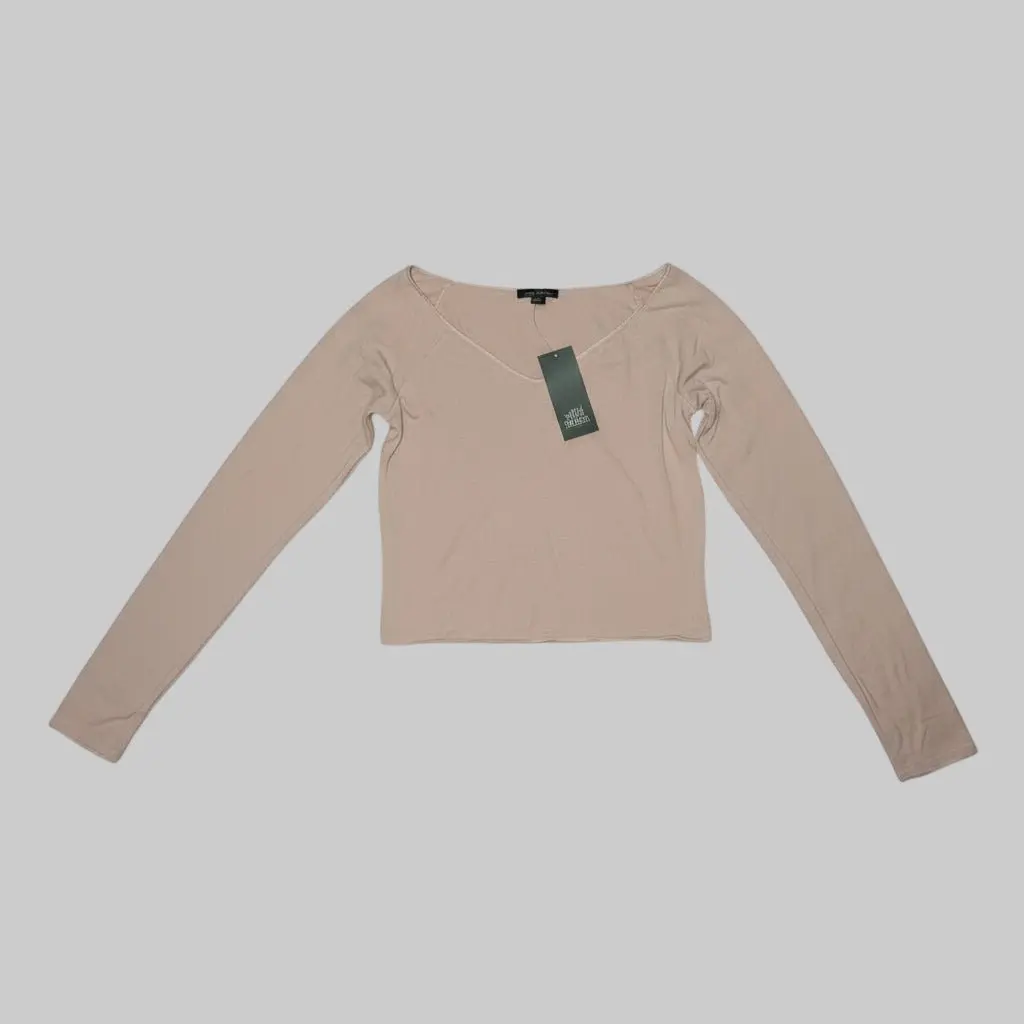 Women’s Ribbed Long Sleeve Crop Top – Wild Fable Beige | Size Small