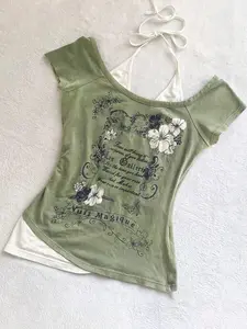 Sable x Women Casual Color Block Slogan Print T-Shirt, Summer
