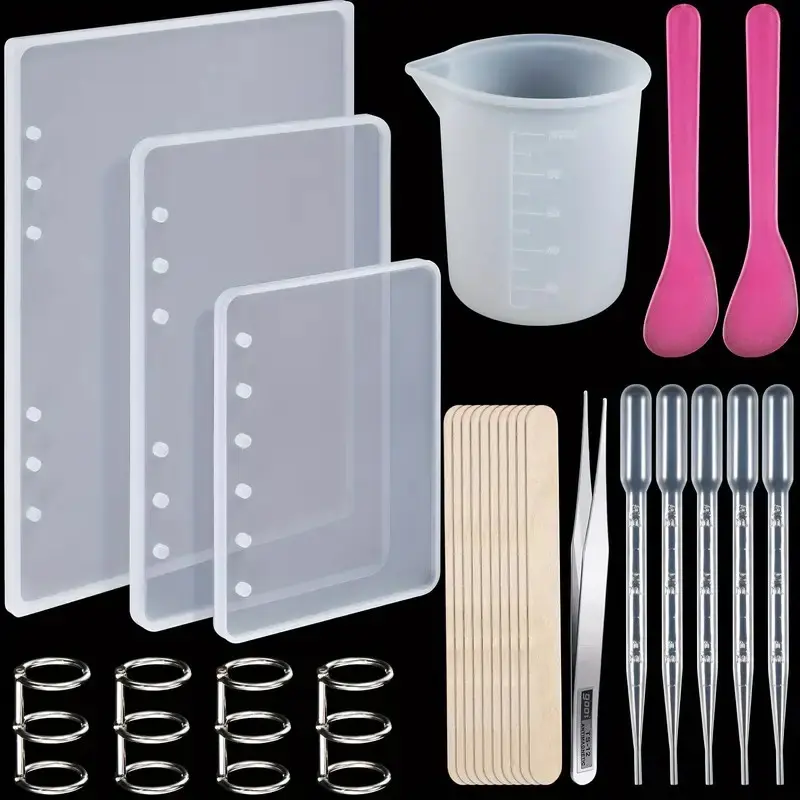 26pcs Notebook Silicone Mold, Resin Casting Molds Kit, A5 A6 A7, with Book Ring, Spoon, Tweezers, Cup, Dropper, for Notebook Epoxy Resin DIY