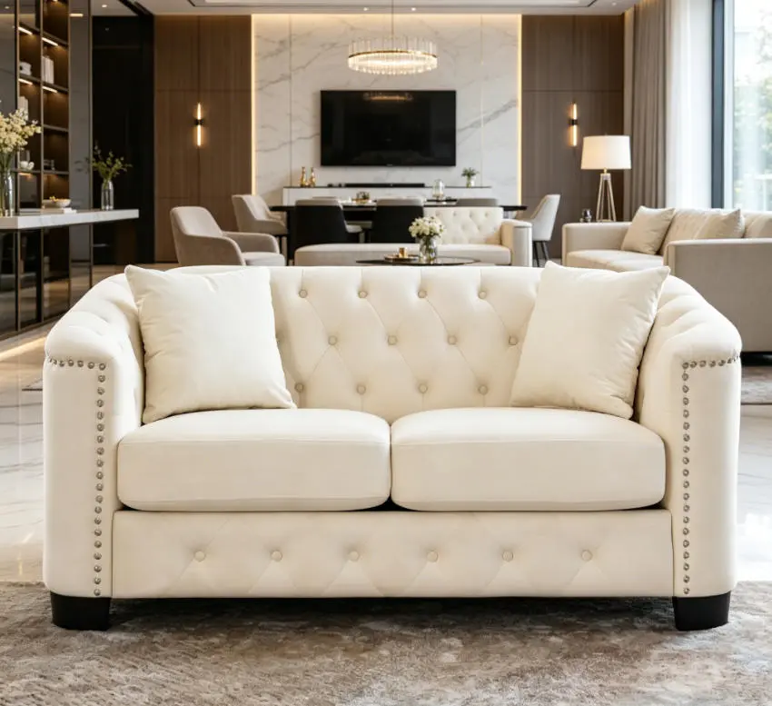 59-Inch Modern Chesterfield Velvet 2-Seater Sofa - Upholstered with Tufted Backrests, Nailhead Arms, 2 Cushions for Living Room, Bedroom