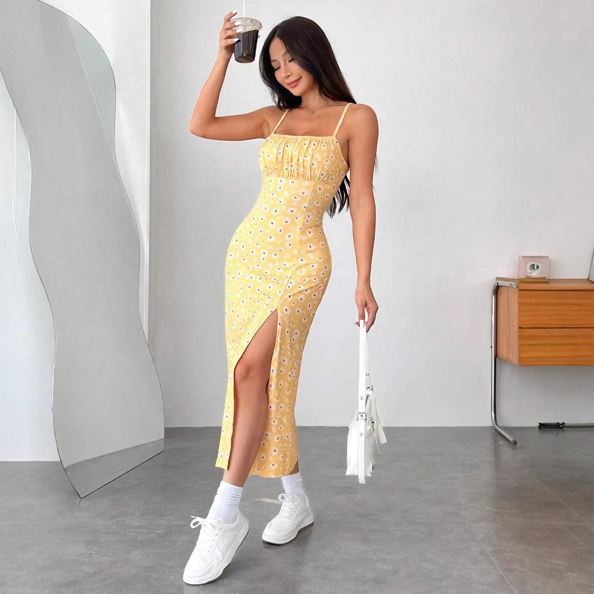 Women's Sleeveless Sunflower Plants&Flowers Printed Polyester Spaghetti Strap Bodycon Midi Dress - Waist Cinch, Slit, Machine Washable, Casual-Formal for Parties, Dinners
