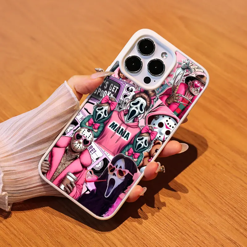Pink Fashion Horror Characters (Scream, Jason, Chucky, Freddy) Smartphone Casing - Shockproof, Drop-Resistant, Anti-Fingerprint Acrylic Magnetic Wireless Flip Cover Accessory with Resin-Metal Build for iPhone 11/12/13/14/15/16/16E/Mini, Protection, Device