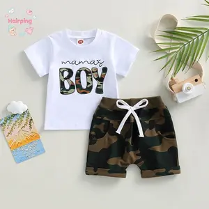 Baby Boys Shorts Set, Short Sleeve Letters Print T-shirt with Camouflage Shorts Summer Outfit, Casual Baby Boys Set