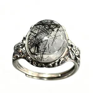 Natural Black Rutilated Quartz Adjustable Ring, 925 Sterling Silver Crystal Ring