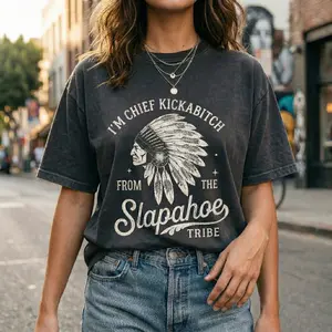 CHIEF KICKABITCH FROM THE SLAPAHOE TRIBE Washed T-Shirt, Unisex 90's Vintage Funny Tshirt Men and Women Casual Streetwear
